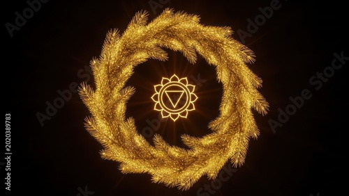 Radiant solar plexus chakra symbol within a lustrous golden wreath against darkness