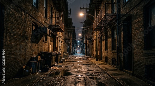 Narrow dark alleyway at night with wet pavement reflection and street lamps between brick buildings.