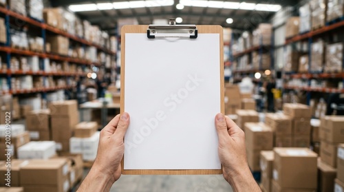 Person holding a clipboard with a blank white paper in a warehouse full of stacked cardboard boxes and shelves.