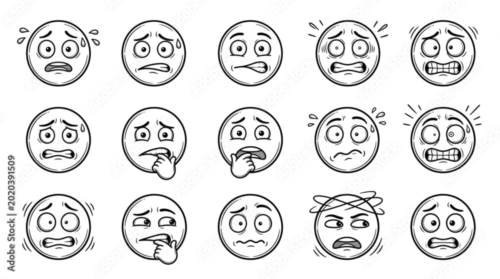 Αυτοκόλλητο Collection of hand drawn cartoon faces showing fear and panic.