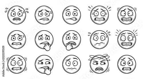 Fotografie Collection of hand drawn cartoon faces showing fear and panic.