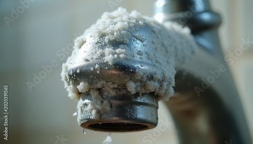Old chrome faucet has severe limescale buildup. White mineral deposits cover tap spout  blocking water flow. Shows hygiene problems and need for cleaning.