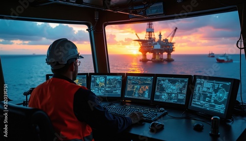 Man in hard hat monitors complex data on multiple computer screens. Offshore oil rig and ships visible through window at sunset. Advanced tech used for industrial ocean operations.