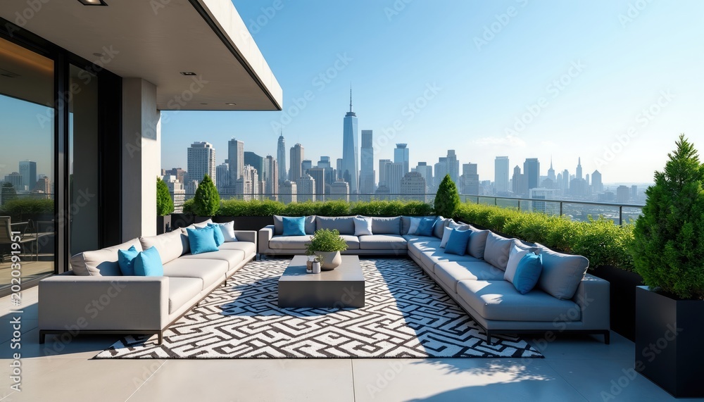 Fototapeta premium Spacious modern rooftop terrace offers panoramic city views with comfortable sectional sofa seating, coffee table, rich plants. Ideal spot for urban relaxation, entertaining guests enjoying skyline