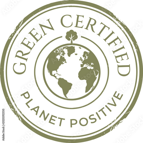 Green certified planet positive seal with world map illustration on circular badge