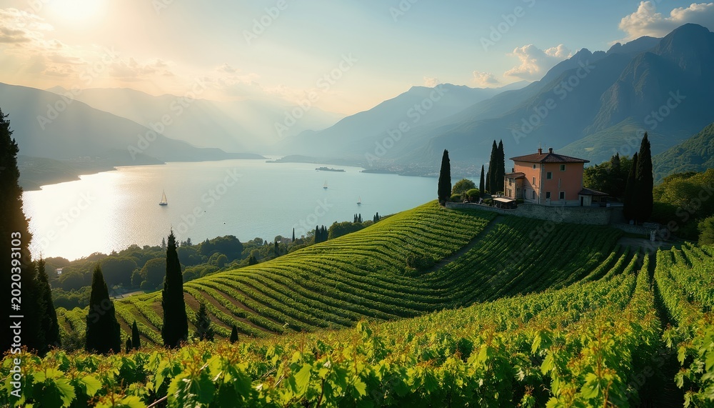 Obraz premium Italian vineyard estate overlooks vast lake Garda. Green terraced slopes with grape vines lead to waters edge. Mountains rise beyond tranquil lake scene.