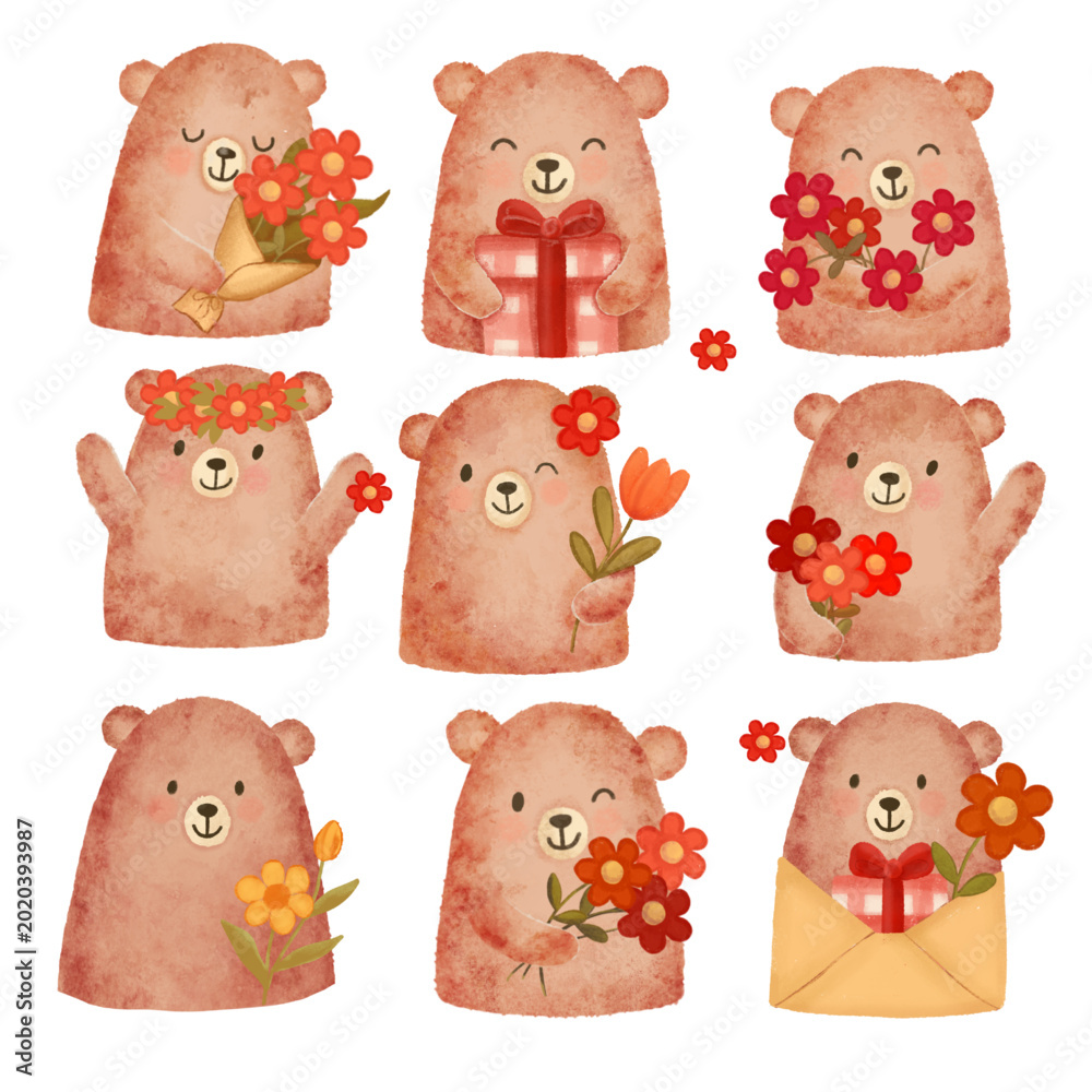 Ταπετσαρία Cute bear clipart set featuring nine adorable cartoon bears holding flowers, env
