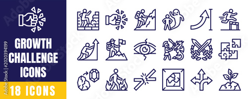 Bild auf Leinwand Growth Challenge Icons Set – 18 Line Icons for Personal Development, Obstacles,