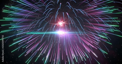 Colorful Fireworks Explosion with Neon Light Trails and Festive Celebration Background, Cinematic Holiday Animation for New Year, Party Events, Festivals, Concert Visuals and Luxury Intro Videos