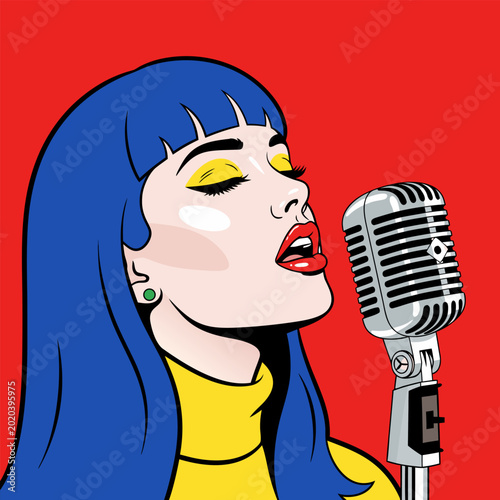 Slika na platnu Vibrant Pop Art Vector Illustration of a Woman with Blue Hair Singing into a Vin