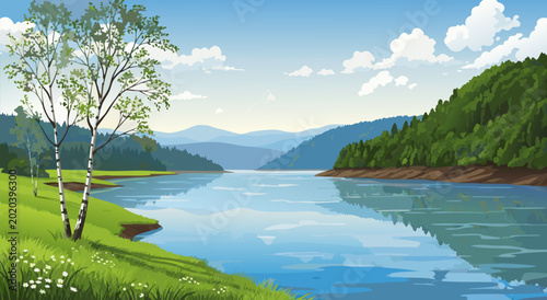 Canvastavla Serene Landscape Vector Illustration of a Calm Lake Surrounded by Lush Green Hil