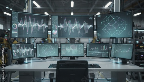 Medium shot of a hightech control room with multiple screens displaying realtime data on caustic alumina and impurity levels in a liquor circuit monitoring system.