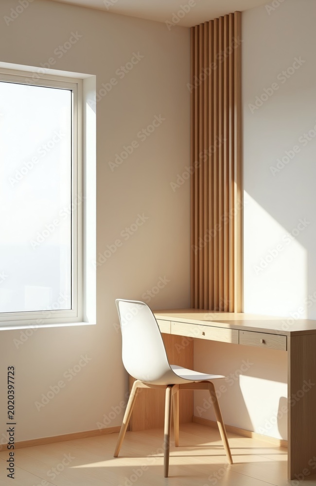 Fototapeta premium Minimalist room interior with wooden desk and white chair. Natural light streams through window, illuminating vertical wood slat wall accent. Simple modern home office corner setup.