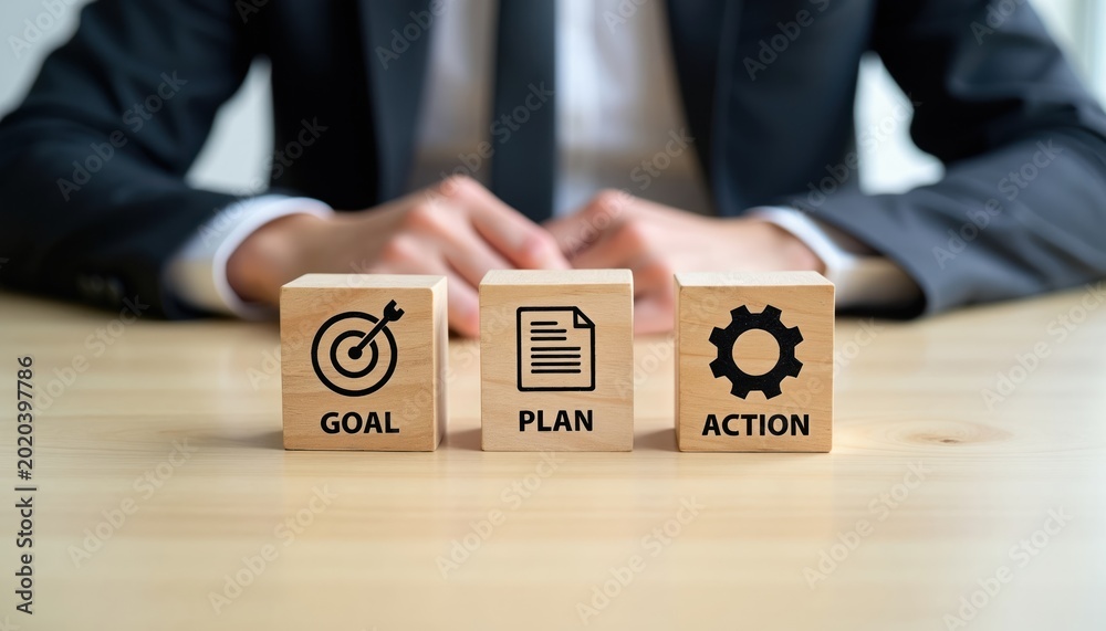 Naklejka premium Businessman arranges wooden cubes showing goal plan action sequence. He points to cube, signifying progress on business development project. Success is achieved through strategic stpic.