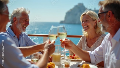 Middle-aged adults enjoy meal and wine on cruise ship terrace. Friends or family toast with glasses. Scenic ocean view accompanies fine dining  cheerful gathering.