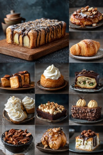 Collage of sweet and savory baked goods from a bakery showcasing various treats and desserts enjoyed in a relaxed setting