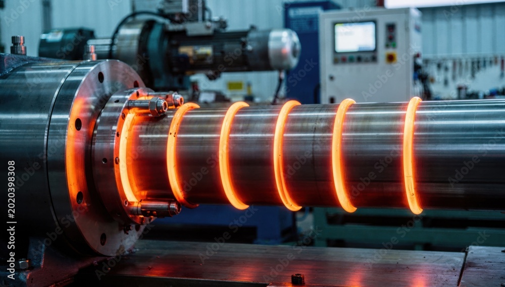 Obraz premium Medium shot of a pump shaft undergoing induction hardening with focused glowing heat areas and machinery in the background highlighting precision wear resistance treatment.