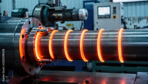Medium shot of a pump shaft undergoing induction hardening with focused glowing heat areas and machinery in the background highlighting precision wear resistance treatment.