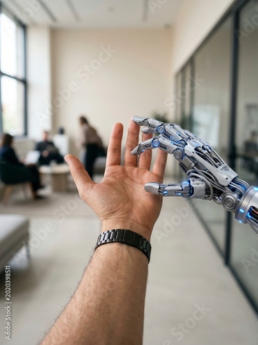 Robot hand gently touching human open palm in office hallway