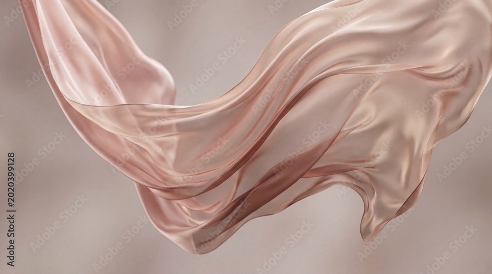 Obraz premium Abstract 3D illustration of elegant rose gold flying silk fabric blowing in the wind background