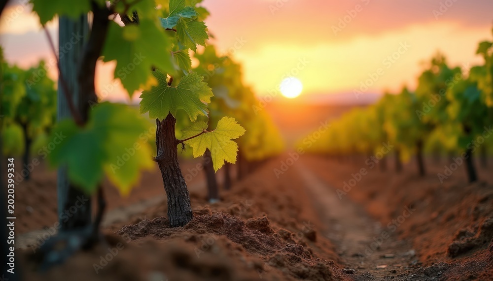 Obraz premium Young grape vines grow in vineyard at sunset. Green leaves on stems and branches show new growth. Rows of plants line dirt path in rural farm field. Sun sets casting golden light.