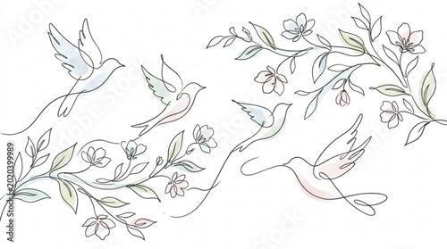 Elegant continuous line art illustration of birds gracefully flying through delicate floral branches with soft watercolor accents, evoking a serene spring mood.