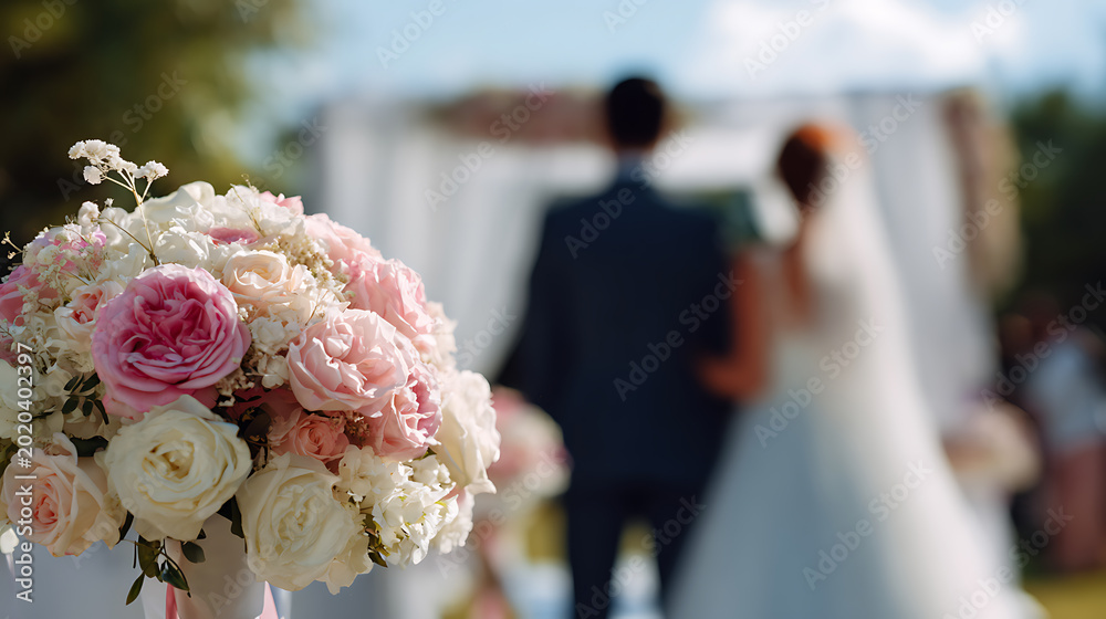 Obraz premium Elegant floral arrangement with pink and white roses adorns a beautiful outdoor wedding ceremony, celebrating love and commitment with scenic views