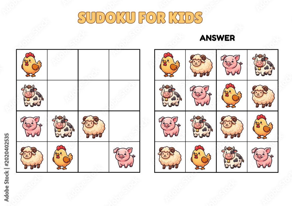 Obraz premium Farm Animals Sudoku for Kids with Cute Cartoon Chicken, Pig, Cow and Sheep, Educational Puzzle Worksheet with Answers