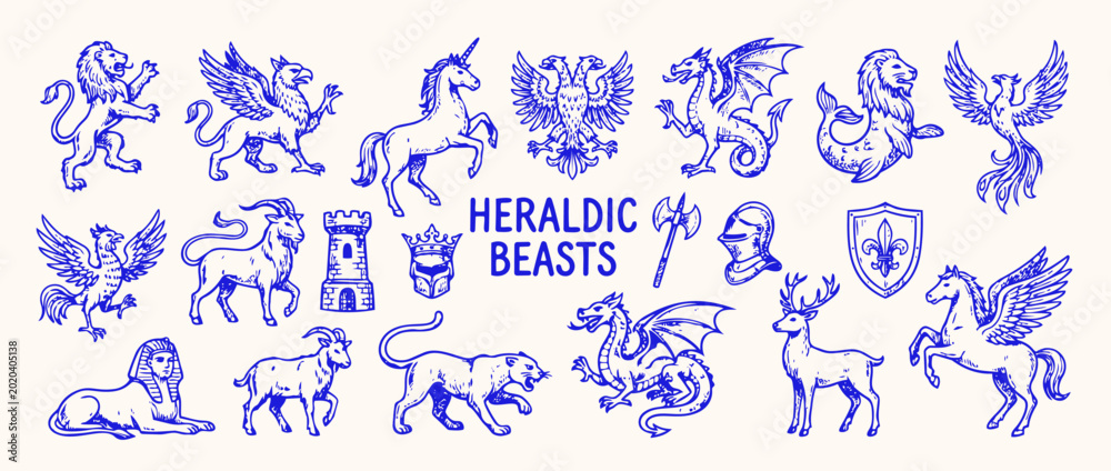 Εκτύπωση καμβά Heraldic Beast Showcase: A collection of meticulously crafted, detailed heraldic beasts, exuding history, power, and symbolism