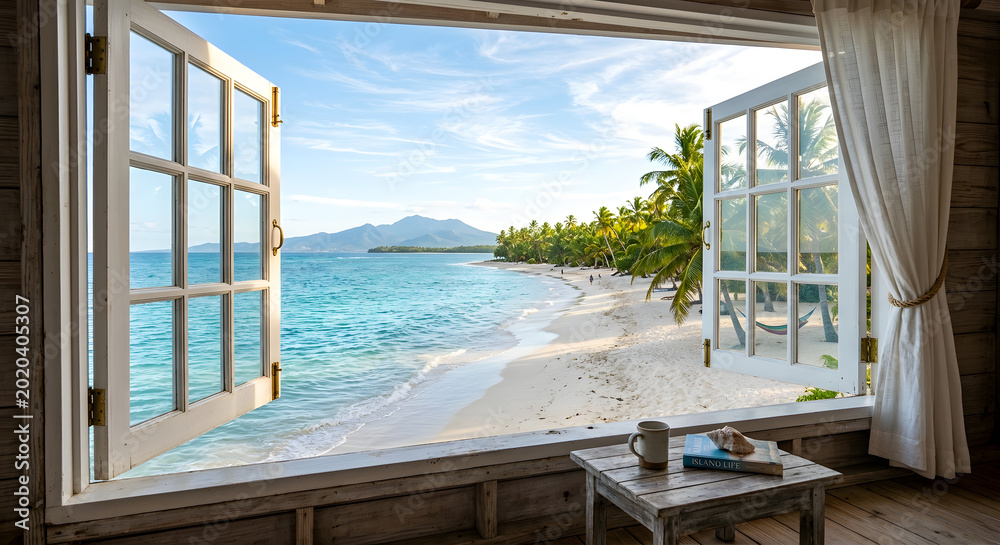 Fototapeta premium Open window with a view of a tropical beach paradise