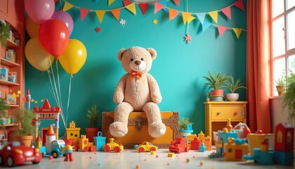 Large teddy bear sits on trunk surrounded by toys and balloons. Colorful party flags adorn wall with window and plants. Childrens room interior setup for celebration or play.