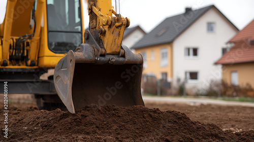 Industrial yellow excavator bucket close-up moving rich brown earth on defocussed construction site with residential houses in background on cloudy day