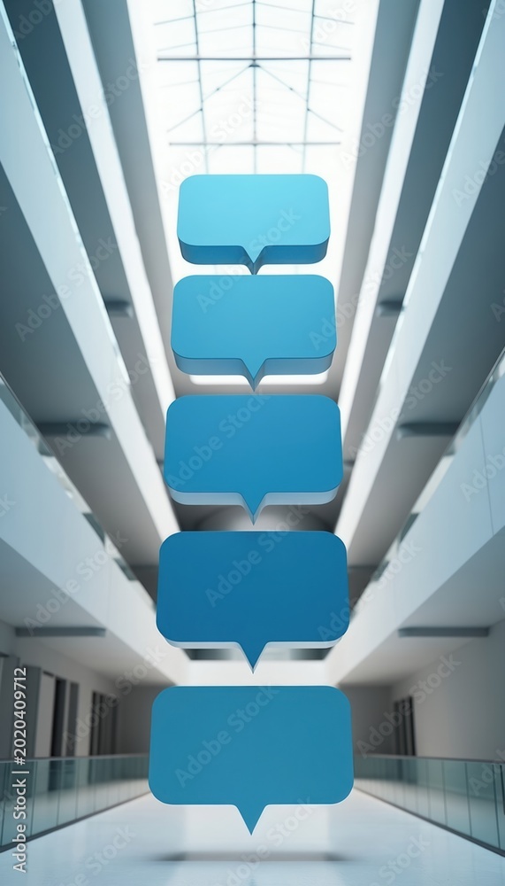 Naklejka premium Five blue empty speech bubbles stacked vertically in bright modern office hallway interior. Blank message boxes float in space. Copy space for text.