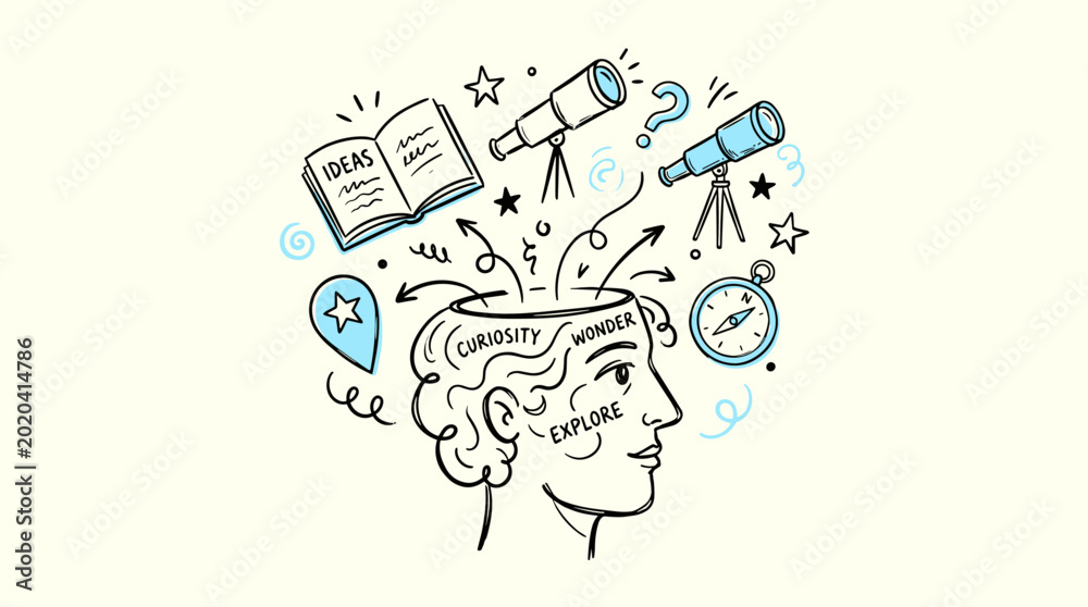 Obraz premium Doodle illustration of exploration and curiosity concepts in head