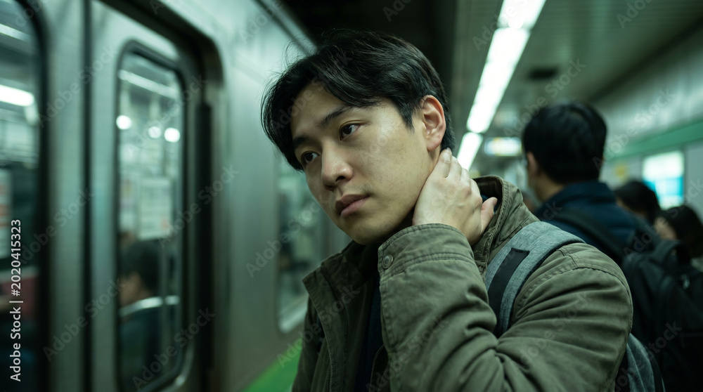 Fototapeta premium Exhausted young asian man riding the subway train