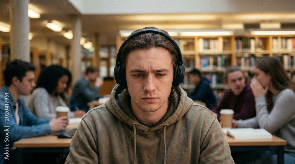 Obraz premium Depressed male student wearing headphones in busy library