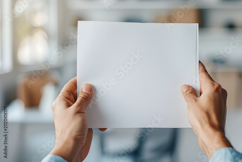 Close up of hands holding a blank white paper or card mockup in a bright office environment.