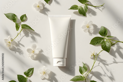 Blank white cosmetic tube mockup on a white background decorated with fresh green leaves and delicate white flowers in natural sunlight.