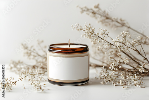Minimalist scented candle in an amber glass jar with a blank white label, surrounded by delicate dried white flowers on a clean white background.