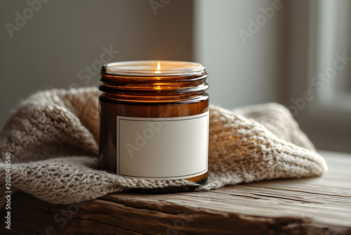 Cozy scented candle in an amber glass jar on a wooden table with a soft knitted blanket.