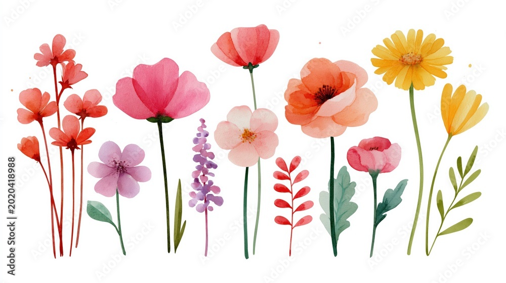 Fototapeta premium Collection of Vibrant Watercolor Wildflowers in Bloom, Isolated on White Background for Artistic Design