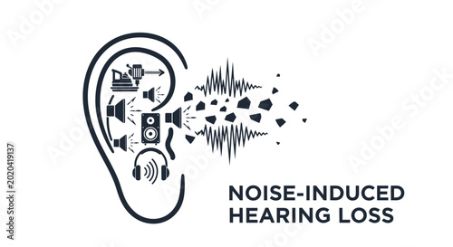 Noise-induced hearing loss medical concept illustration with human ear and sound waves.