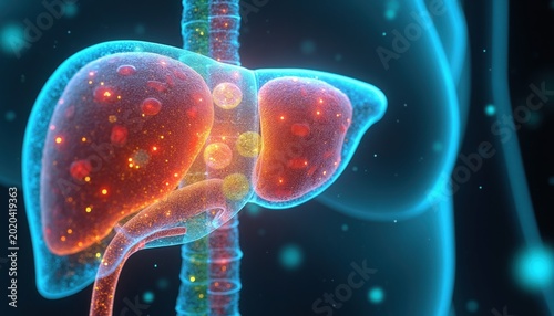 Human liver glowing with internal processes. Microscopic view of cells and blood vessels showing metabolic and detoxification functions. Health organ activity.