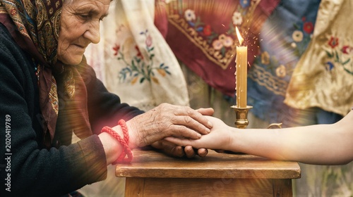 Elderly woman holding hand of child during mystical ritual with glowing candle. Concept of esoteric practice, hypnosis, mind influence and occult healing. Traditional superstition theme.