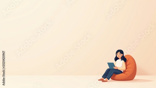 Modern Vector Illustration of a Young Woman Relaxing on a Bean Bag Chair While Using a Digital Tablet for Work or Study