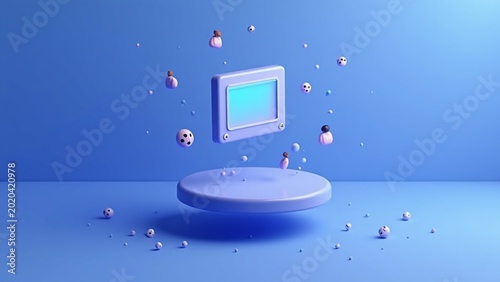 Futuristic 3D Digital Communication Concept with Floating Screen and Stylized Avatars on Blue Background