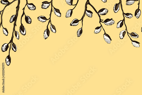 Easter spring frame, border with sprigs of willow. Template hand drawn design for banner, poster, card, paper. Holiday print. Branch with pussy willow buds. Vector illustration background.