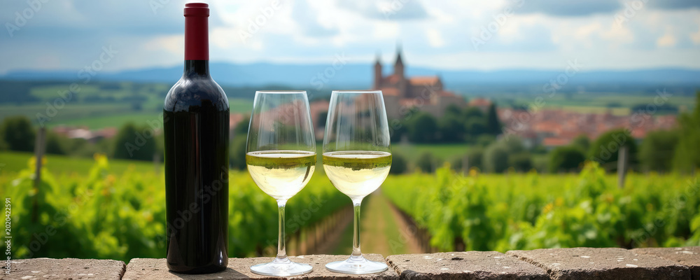 Obraz premium Wine bottle and two glasses on stone wall. Vineyards and village buildings seen in background under cloudy sky. Perfect for vineyard tours or wine tasting.