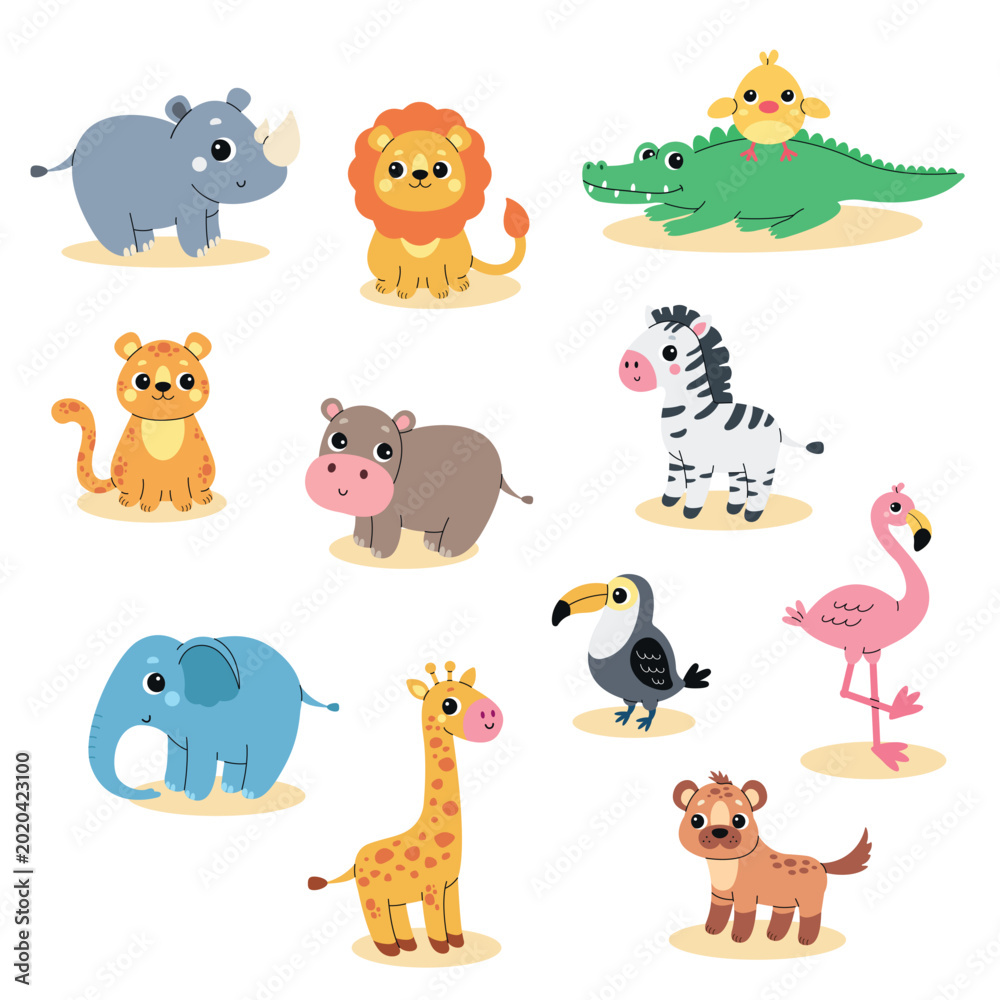 Fototapeta premium Cute African safari animals set isolated on white background. Jungle collection. Flat vector illustration for children nursery print design.