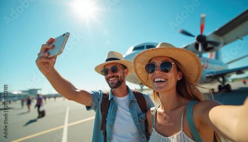 Couple takes selfie with airplane on tarmac. Happy pair smiles with excitement for journey. They wear hats and sunglasses, ready for vacation fun.